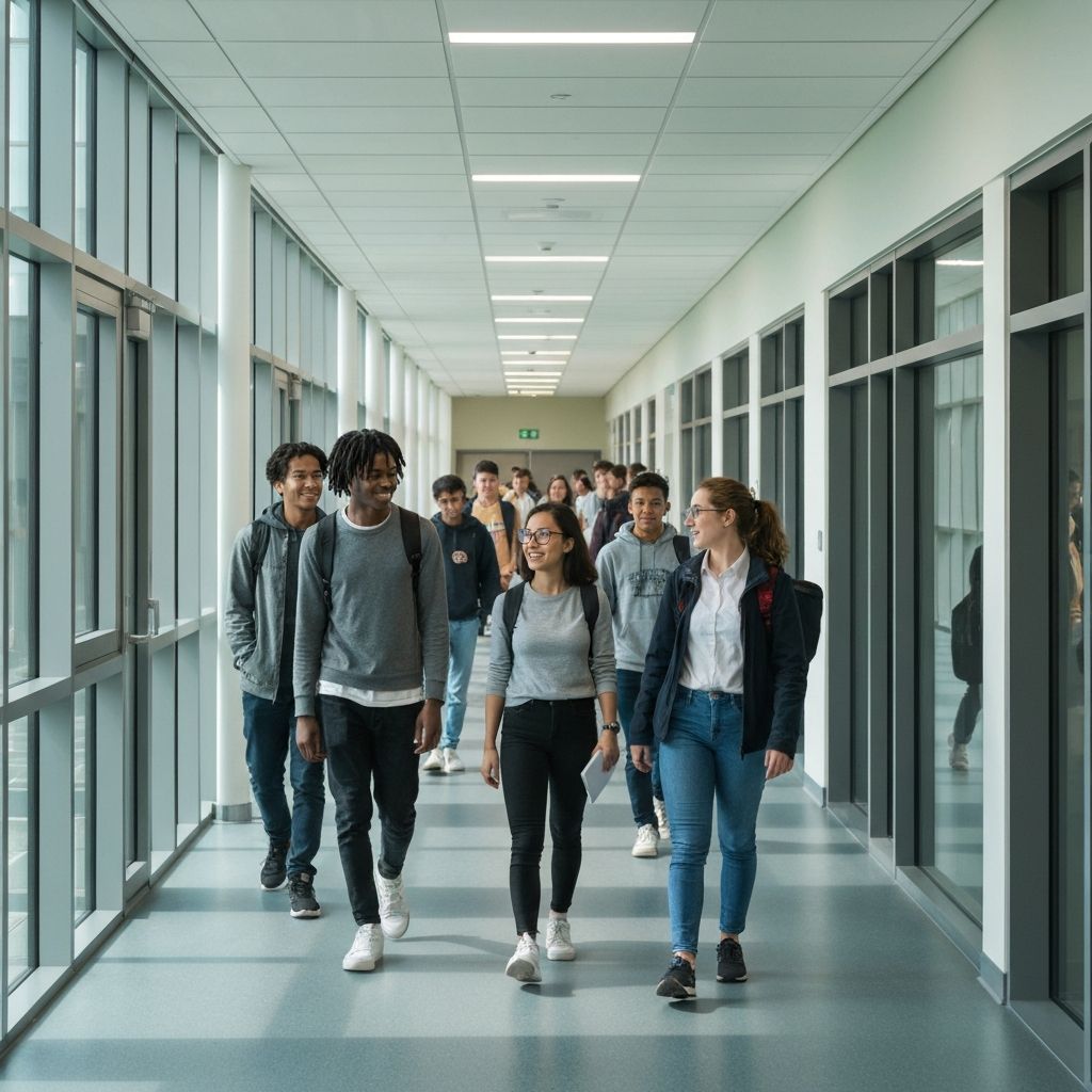 Students walking in school hallway